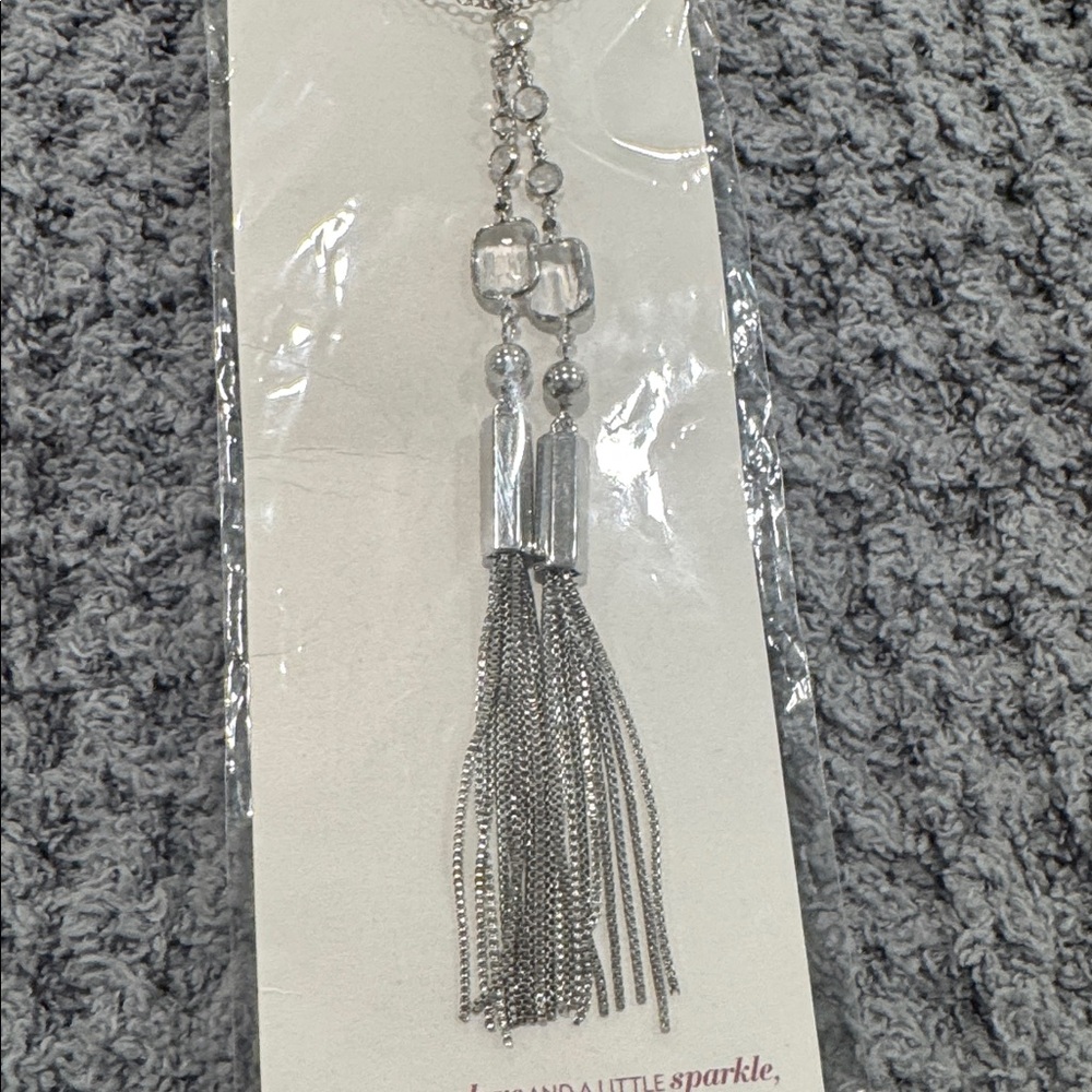 Chico's Silver Tassel Crystal Stone Lariat Necklace - Picture 2 of 3